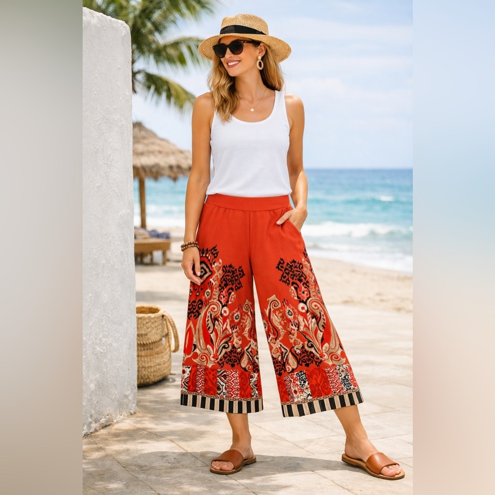 Chico’s Orange Tribal Paisley Wide Leg Crop Pants NWT Size 00 / US 2